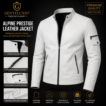 GENTELUXIO™ Alpine Prestige Leather Jacket – Premium White Stand Collar Motorcycle Coat