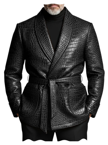 GENTELUXIO™ Blazer Impérial en Cuir Façon Croco – Veste de Luxe Croisée Ceinturée Premium