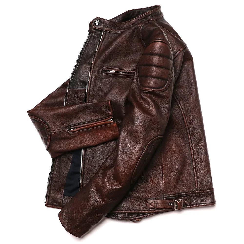 Blouson en cuir GENTELUXIO™ Heritage Rider – Manteau de moto vintage en cuir de vachette de première qualité