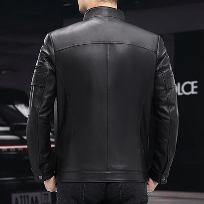 GENTELUXIO™ Alpine Prestige Leather Jacket – Premium White Stand Collar Motorcycle Coat