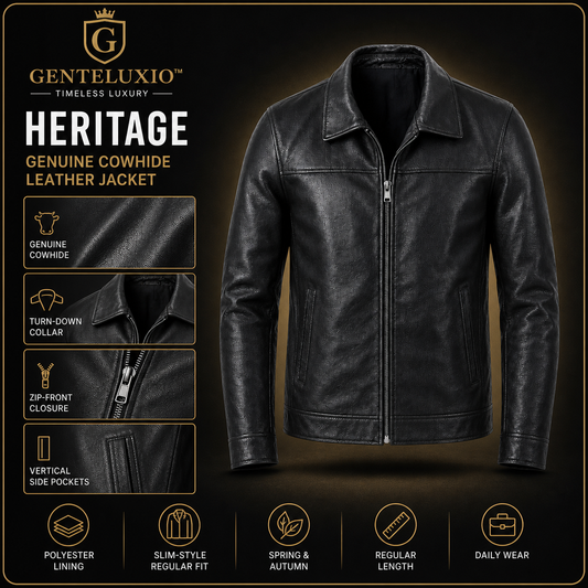 GENTELUXIO™ Blouson en cuir de vache véritable coupe slim Heritage pour homme